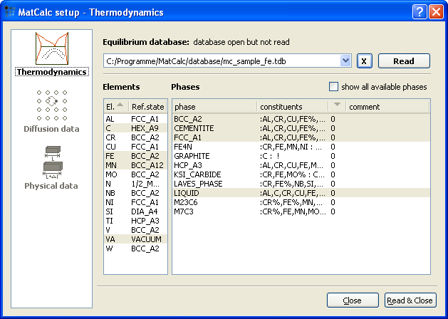  Database dialog for E1