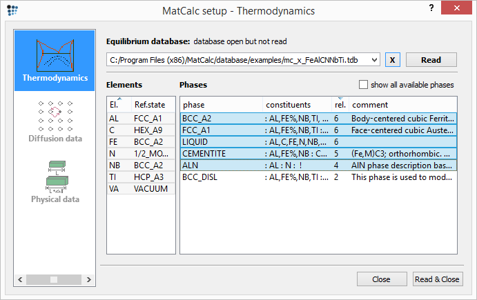  Database dialog for P20