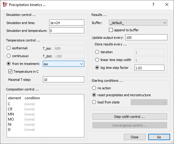  Precipitation kinetics dialog window