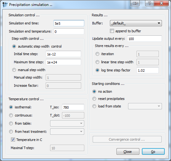  Precipitation kinetics dialog window