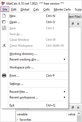  MatCalc file menu