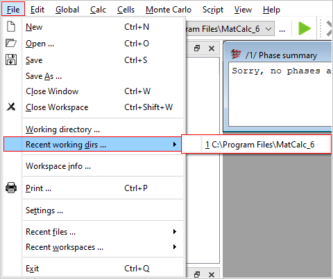  MatCalc recent working directories menu